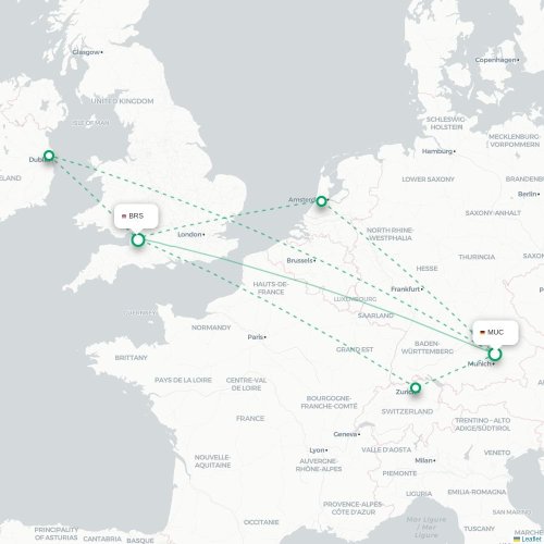 Mapa de vuelo directo Múnich - Brístol
