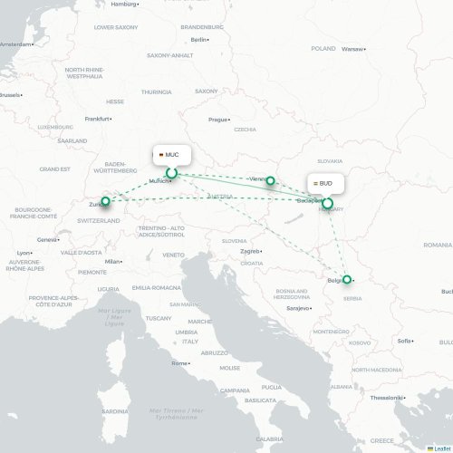 München - Budapest kort over direkte fly
