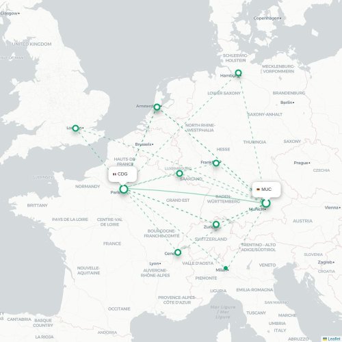 Mapa de vuelo directo Múnich - París