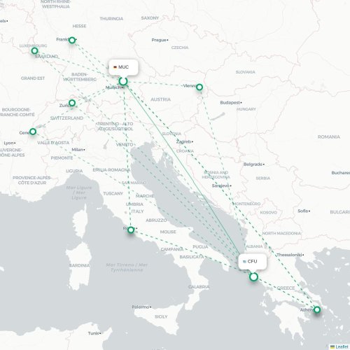 Mapa de vuelo directo Múnich - Corfú, Corfú