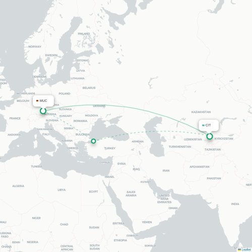 Mapa de vuelo directo Múnich - Shymkent