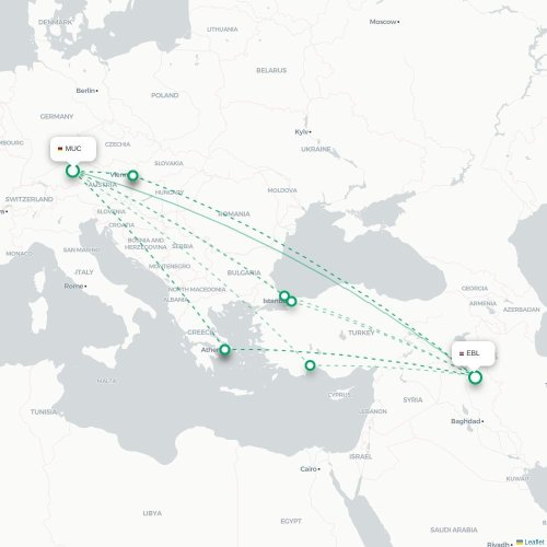 Mapa de vuelo directo Múnich - Erbil