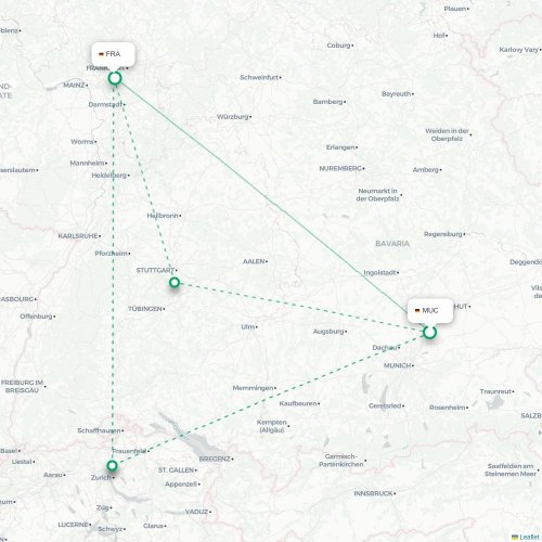 Mapa lotu bezpośredniego Monachium – Frankfurt nad Menem