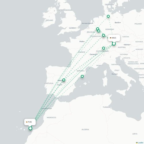 Mapa de vuelo directo Múnich - Puerto del Rosario