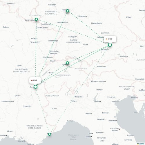 Mapa de vuelo directo Múnich - Ginebra