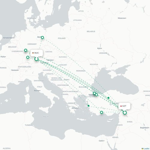 Mapa de vuelo directo Múnich - Gaziantep