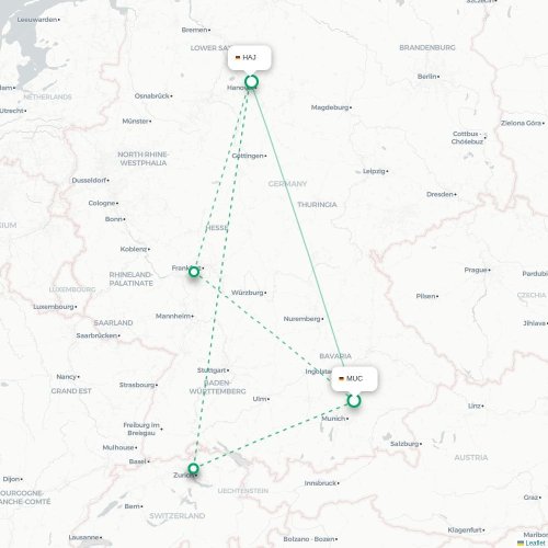 Mapa lotu bezpośredniego Monachium – Hanower