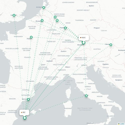 Mapa de vuelo directo Múnich - Ibiza