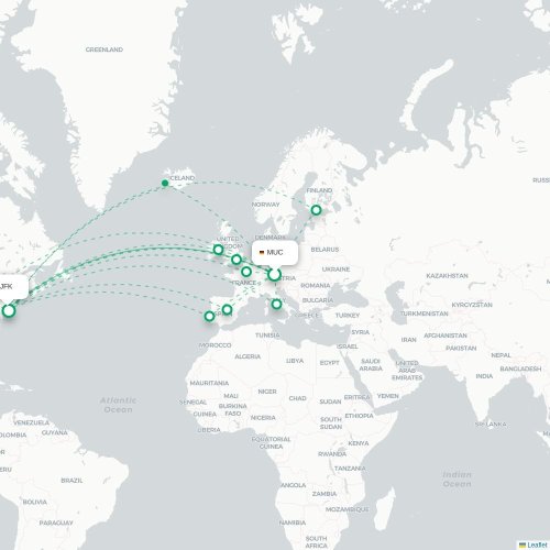 Mapa de vuelo directo Múnich - Nueva York
