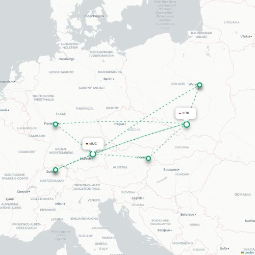 Mapa de vuelo directo Múnich - Cracovia