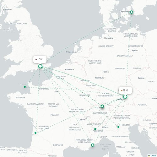 Mapa de vuelo directo Múnich - Londres