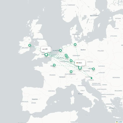 Mapa de vuelo directo Múnich - Londres