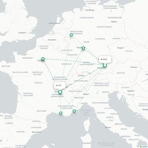Mapa de vuelo directo Múnich - Lyon