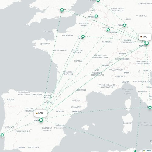 Mapa de vuelo directo Múnich - Madrid