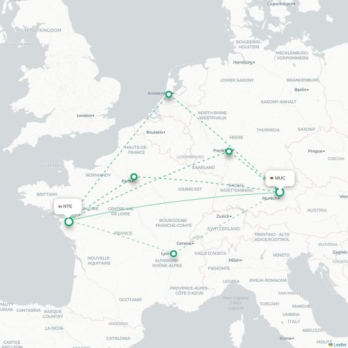 Mapa de vuelo directo Múnich - Nantes