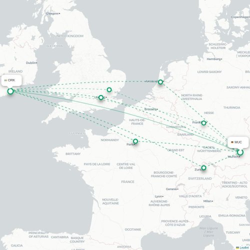 Mapa lotu bezpośredniego Monachium – Cork
