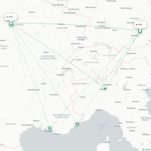 Mapa lotu bezpośredniego Monachium – Paryż