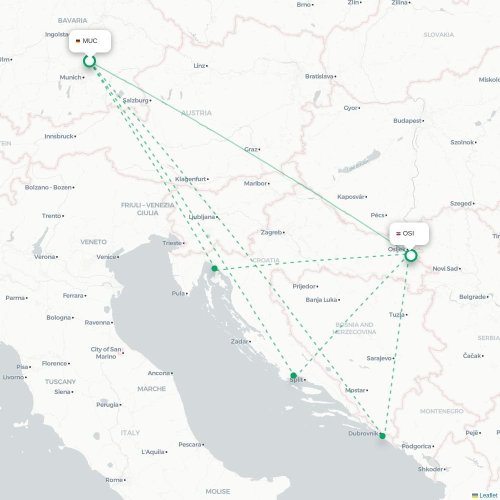 Mapa de vuelo directo Múnich - Osijek