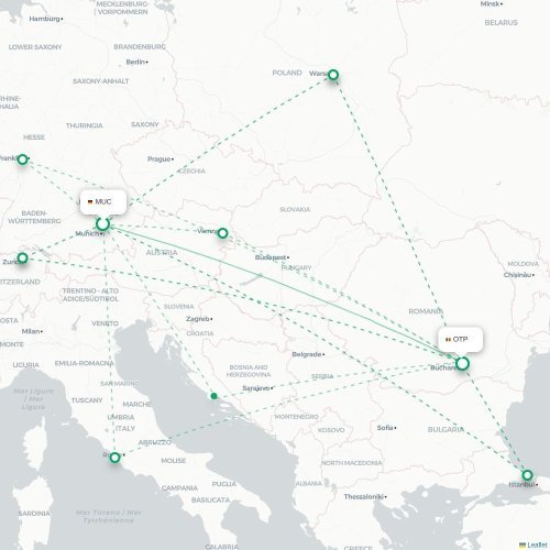 Mapa de vuelo directo Múnich - Bucarest