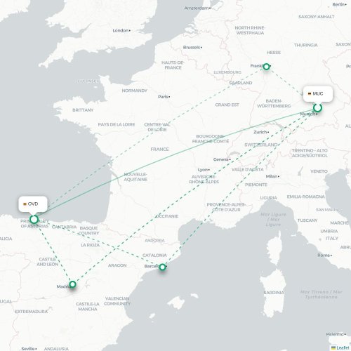 Mapa de vuelo directo Múnich - Oviedo
