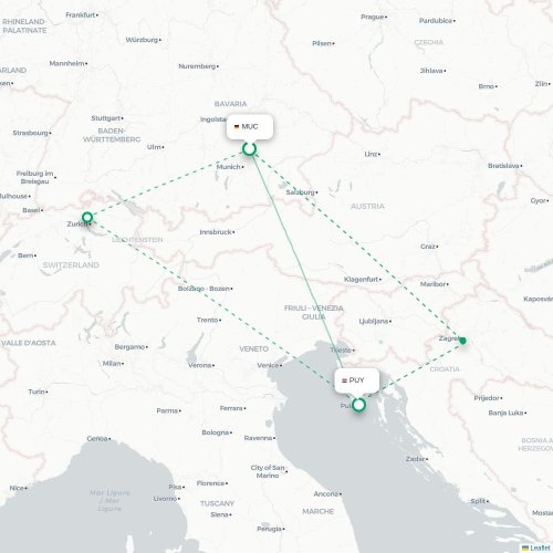 Mapa de vuelo directo Múnich - Pula