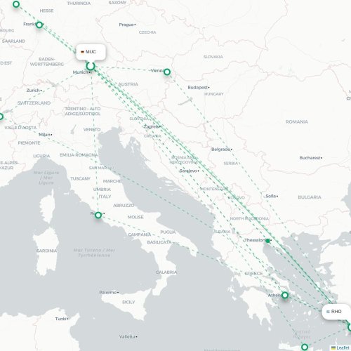 Mapa de vuelo directo Múnich - Rodas