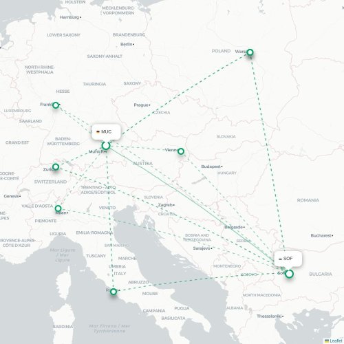 Mapa de vuelo directo Múnich - Sofía