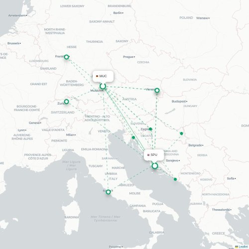 Mapa de vuelo directo Múnich - Split