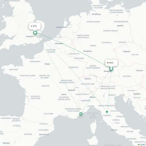 Mapa de vuelo directo Múnich - Londres