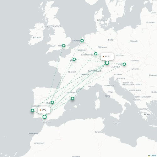 Mapa de vuelo directo Múnich - Sevilla
