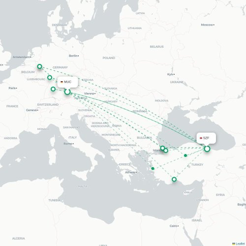 Mapa lotu bezpośredniego Monachium – Samsun