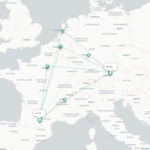 Mapa de vuelo directo Múnich - Toulouse