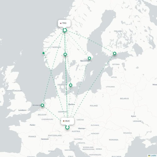 Mapa de vuelo directo Múnich - Trondheim