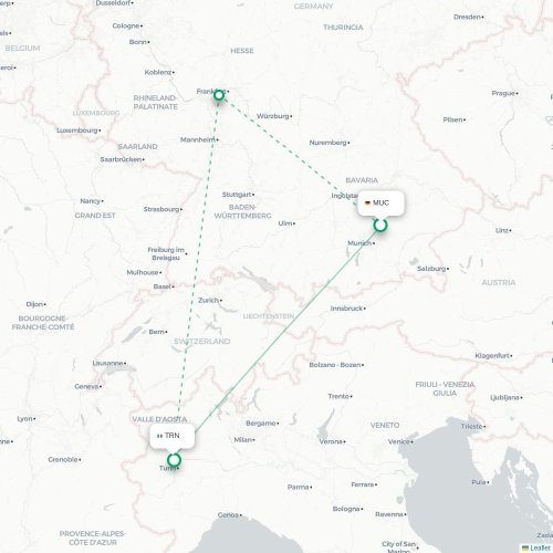 Mapa lotu bezpośredniego Monachium – Turyn, Torino