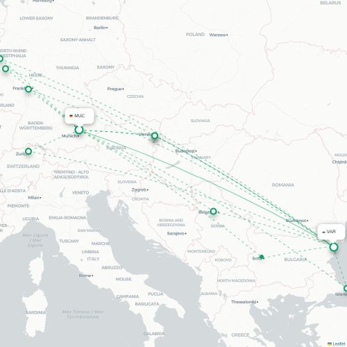 Mapa lotu bezpośredniego Monachium – Warna