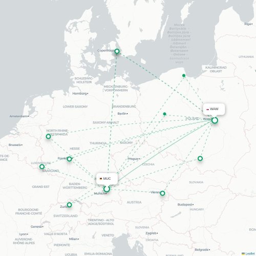 Mapa de vuelo directo Múnich - Varsovia