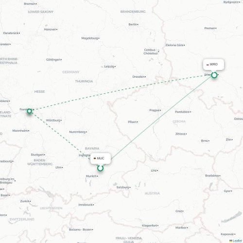 Mapa de vuelo directo Múnich - Wrocław