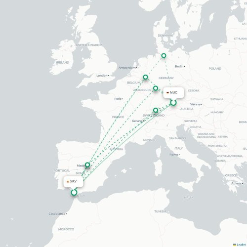 Mapa de vuelo directo Múnich - Jerez de la Frontera