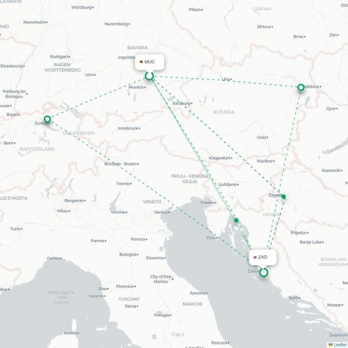 Mapa de vuelo directo Múnich - Zadar