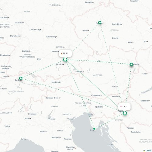 Mapa de vuelo directo Múnich - Zagreb
