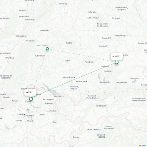 Mapa de vuelo directo Múnich - Zúrich
