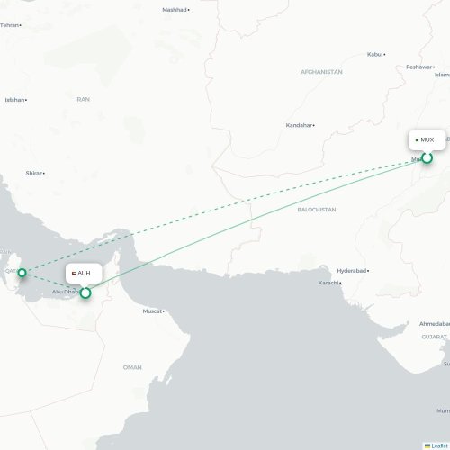 Mapa de vuelo directo Multan - Abu Dabi