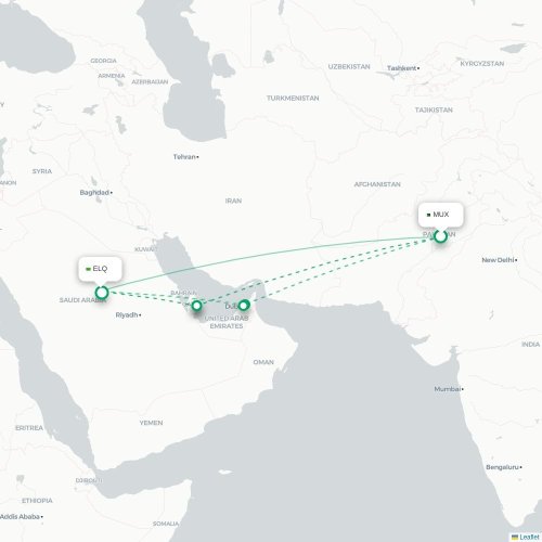 Mapa de vuelo directo Multan - Gassim