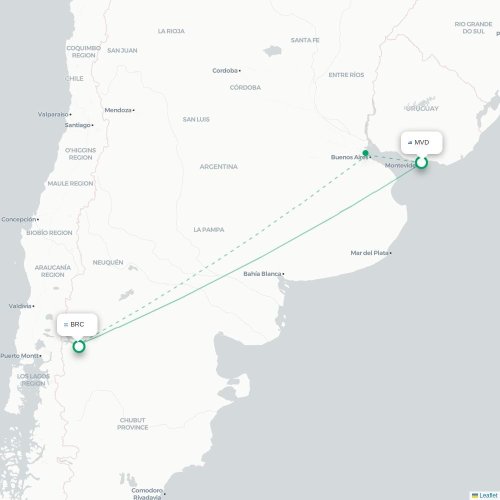 Mapa lotu bezpośredniego Montevideo – Bariloche