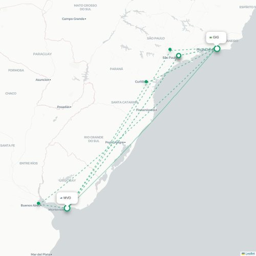 Mapa lotu bezpośredniego Montevideo – Rio de Janeiro