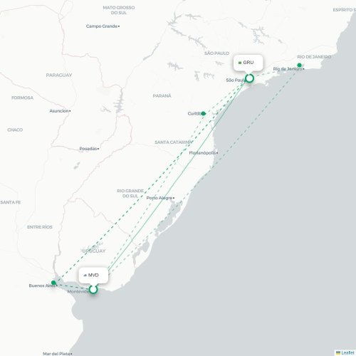 Mapa lotu bezpośredniego Montevideo – São Paulo