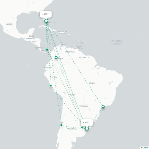 Mapa lotu bezpośredniego Montevideo – Miami