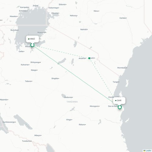 Mapa de vuelo directo Mwanza - Dar es Salaam