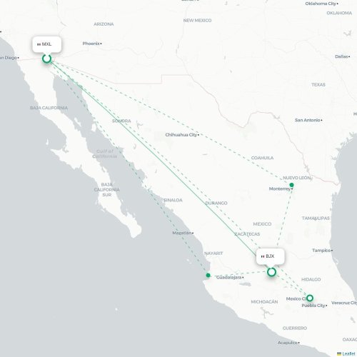 Mapa de vuelo directo Mexicali - León