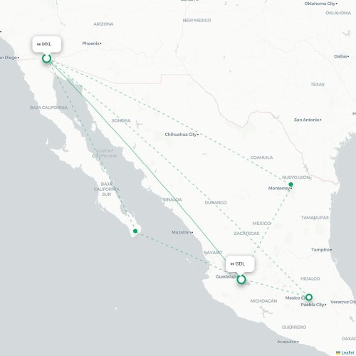 Mapa de vuelo directo Mexicali - Guadalajara
